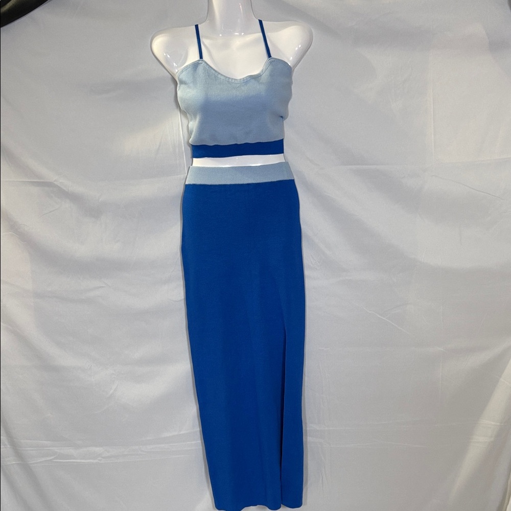 Blue Two-Piece Midi Dress with Contrast Band